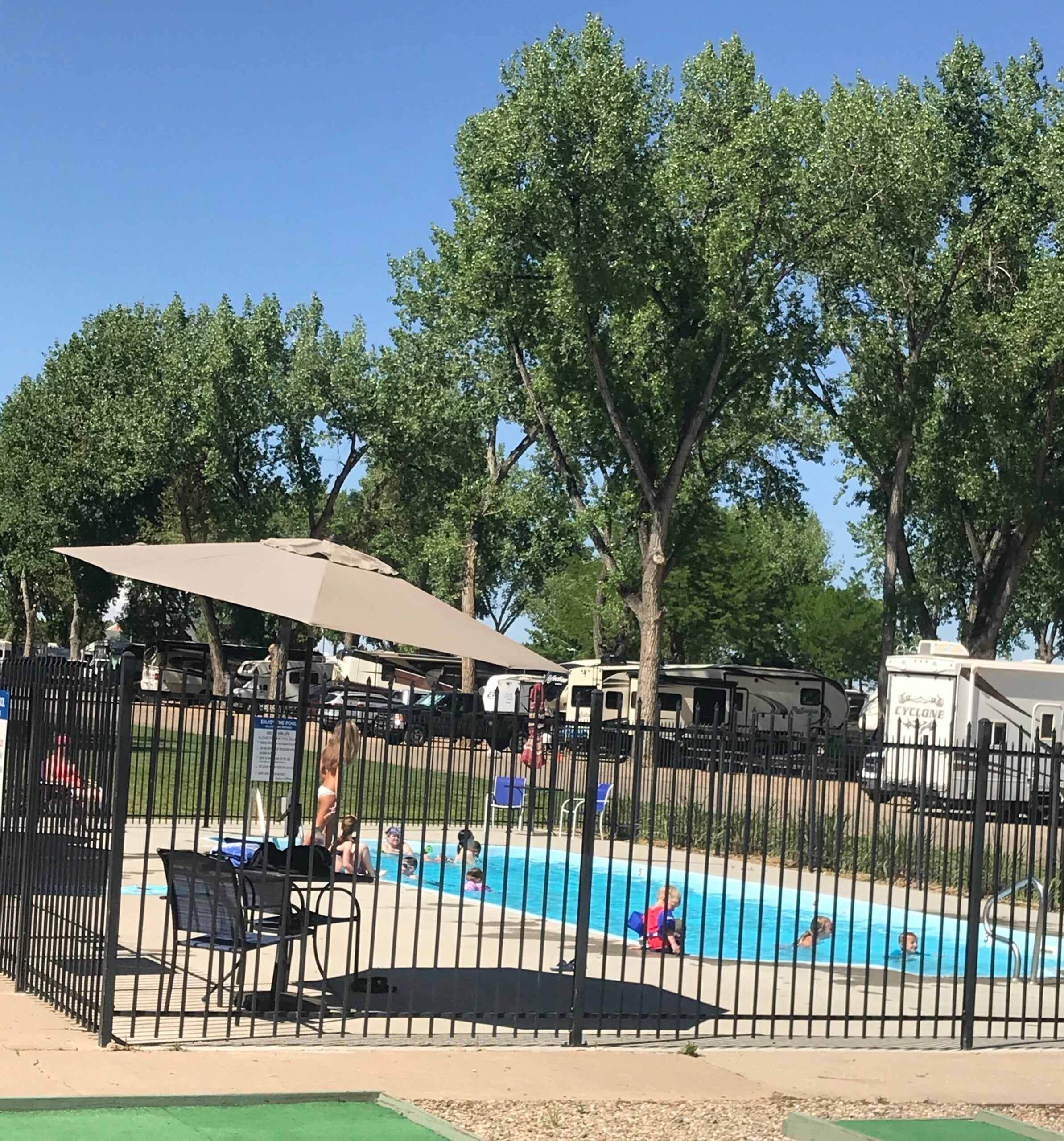 Pool lounge area at Loveland RV Resort Colorado