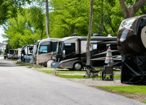 Luxury RVs parked on spacious full-hookup campsites surrounded by mature trees at a clean, well-maintained RV resort.