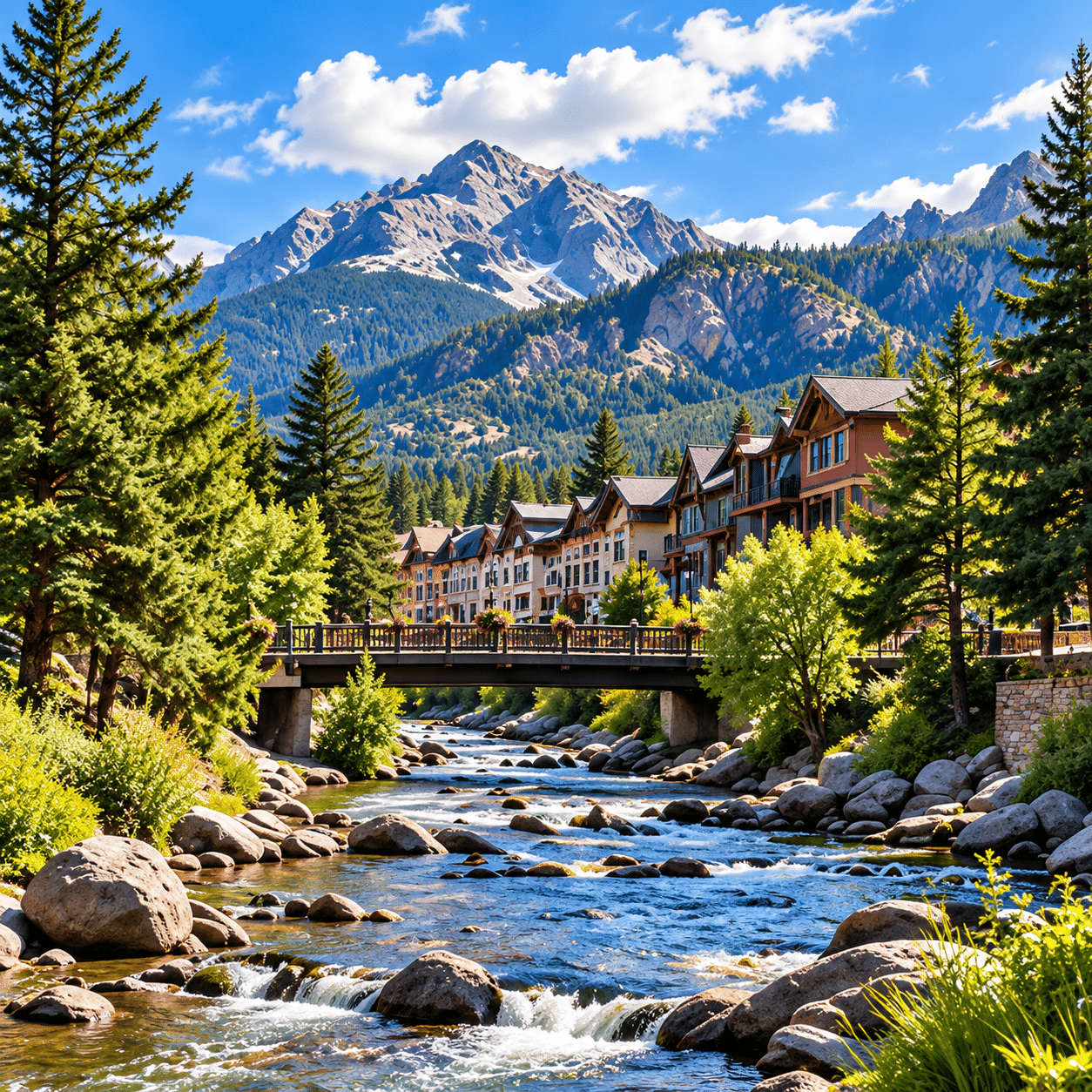 Rocky Mountain peaks above a rushing river and town in Estes Park, Colorado