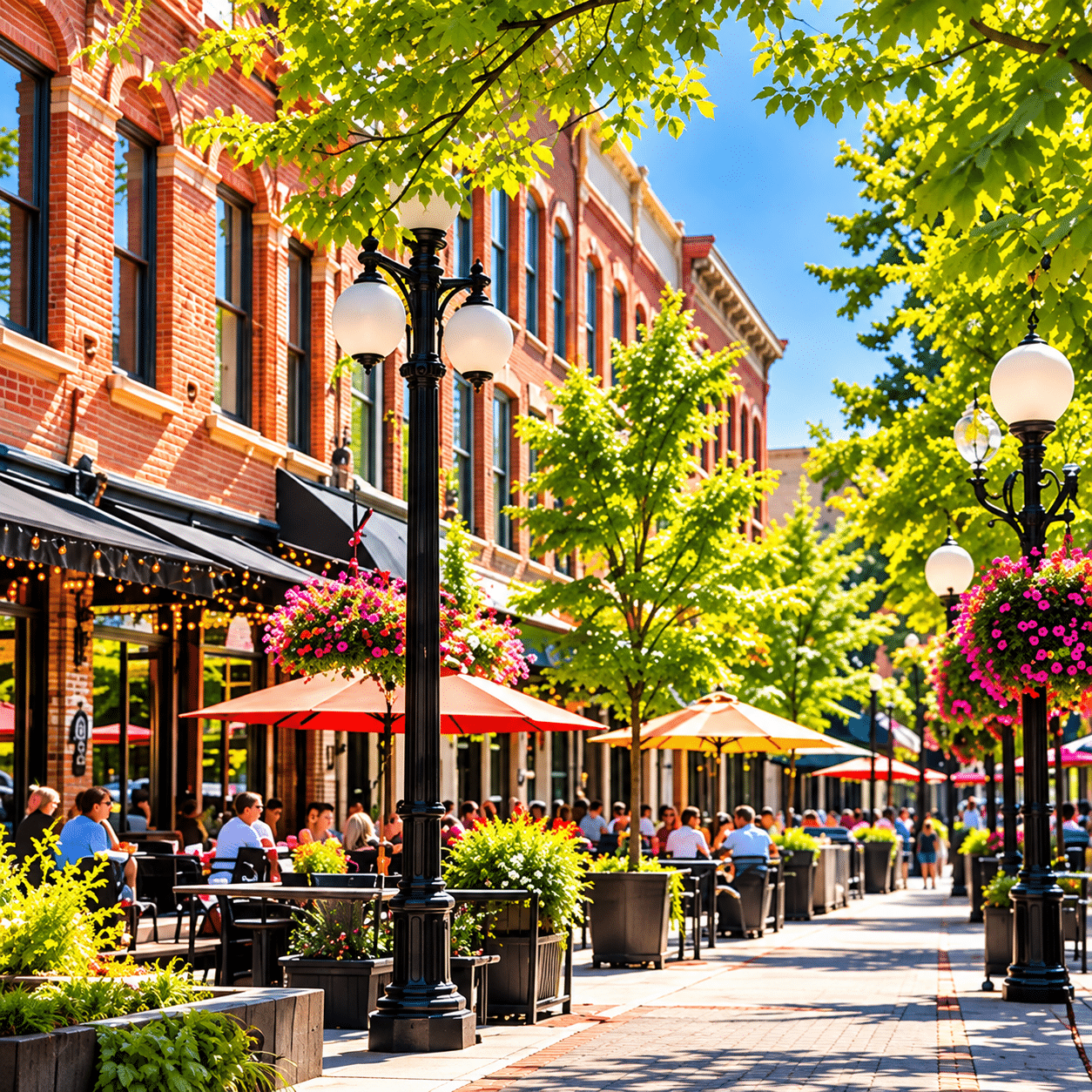 Outdoor dining along a tree-lined downtown street in Fort Collins, Colorado