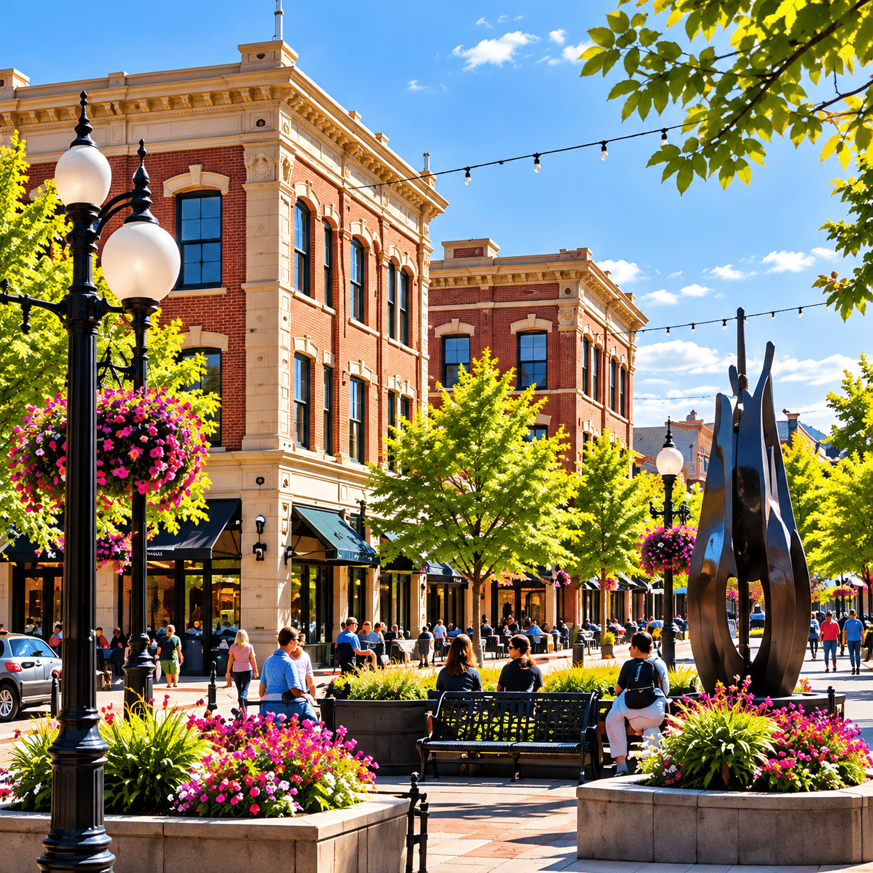 Historic brick buildings and flower planters in downtown Greeley, Colorado