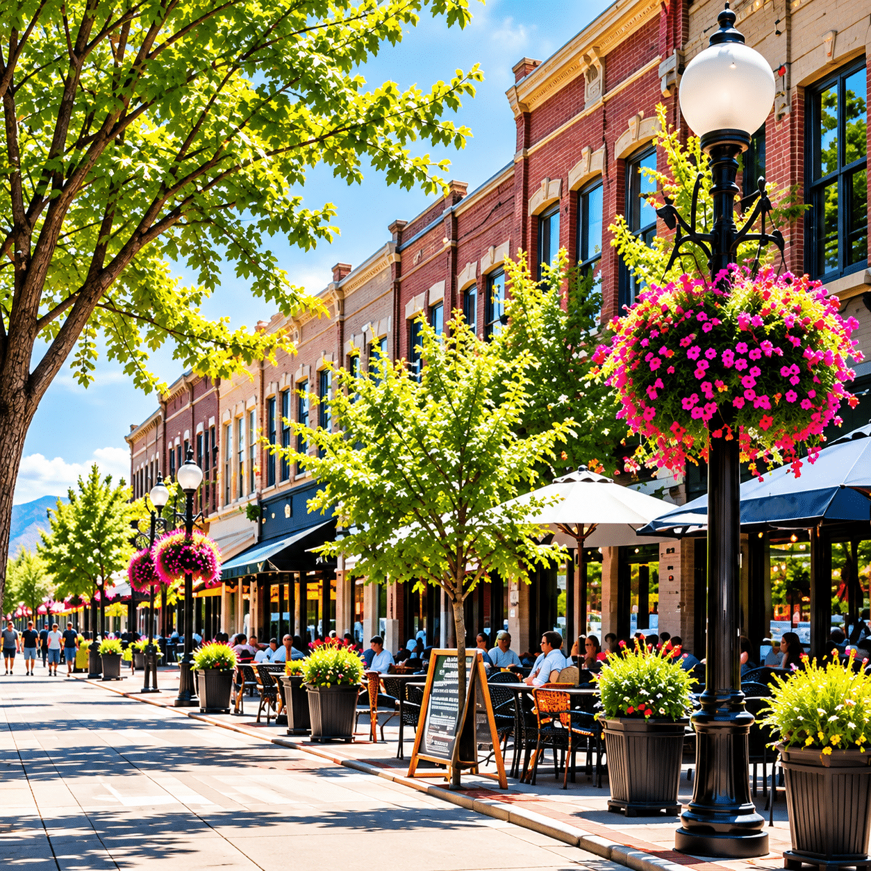 Downtown Longmont, Colorado street with restaurant patios and hanging flower baskets