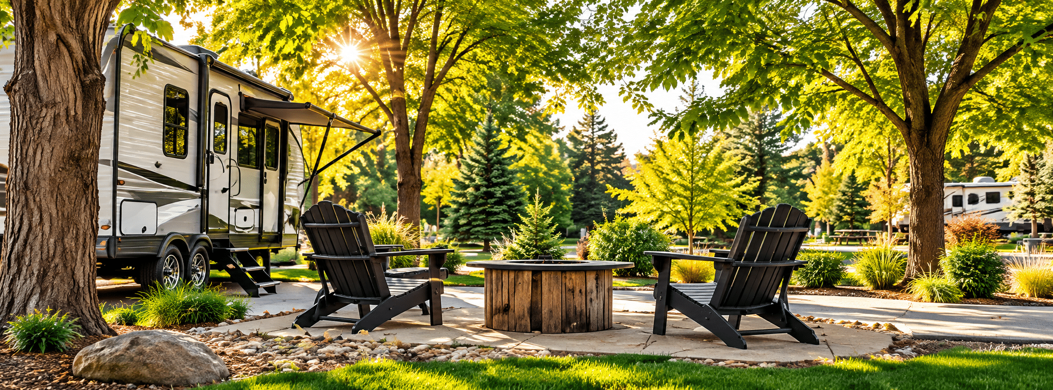 Travel trailer parked under shade trees with outdoor chairs at Loveland RV Resort