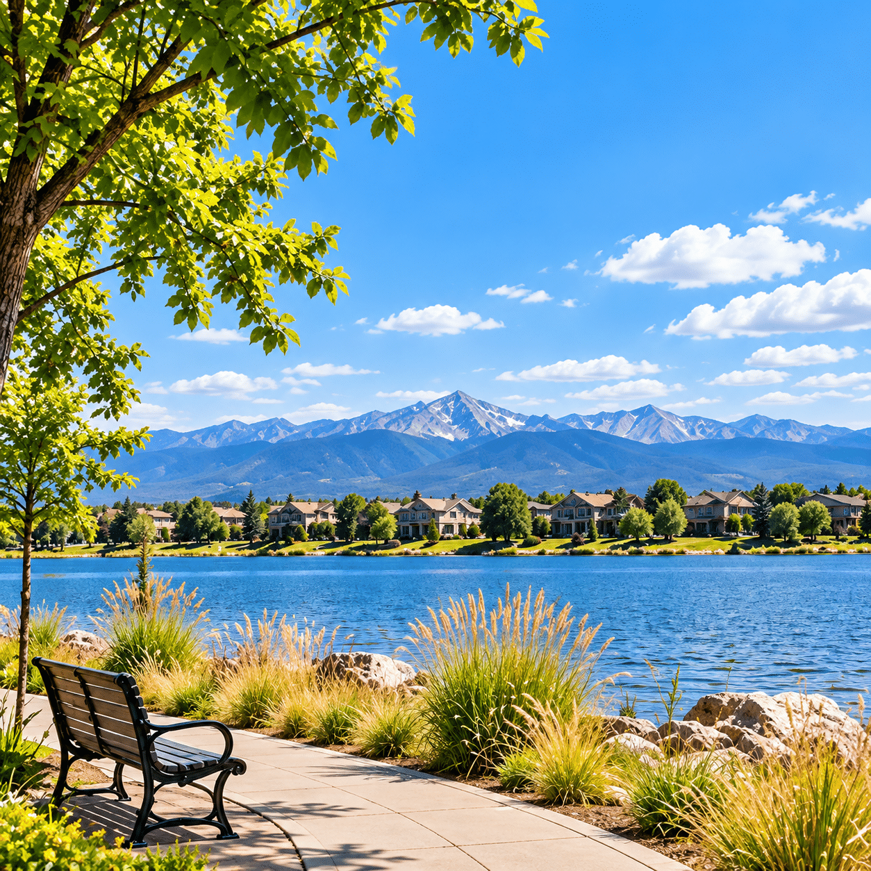 Lakeside walking path with a bench and mountains in the distance near Windsor, Colorado