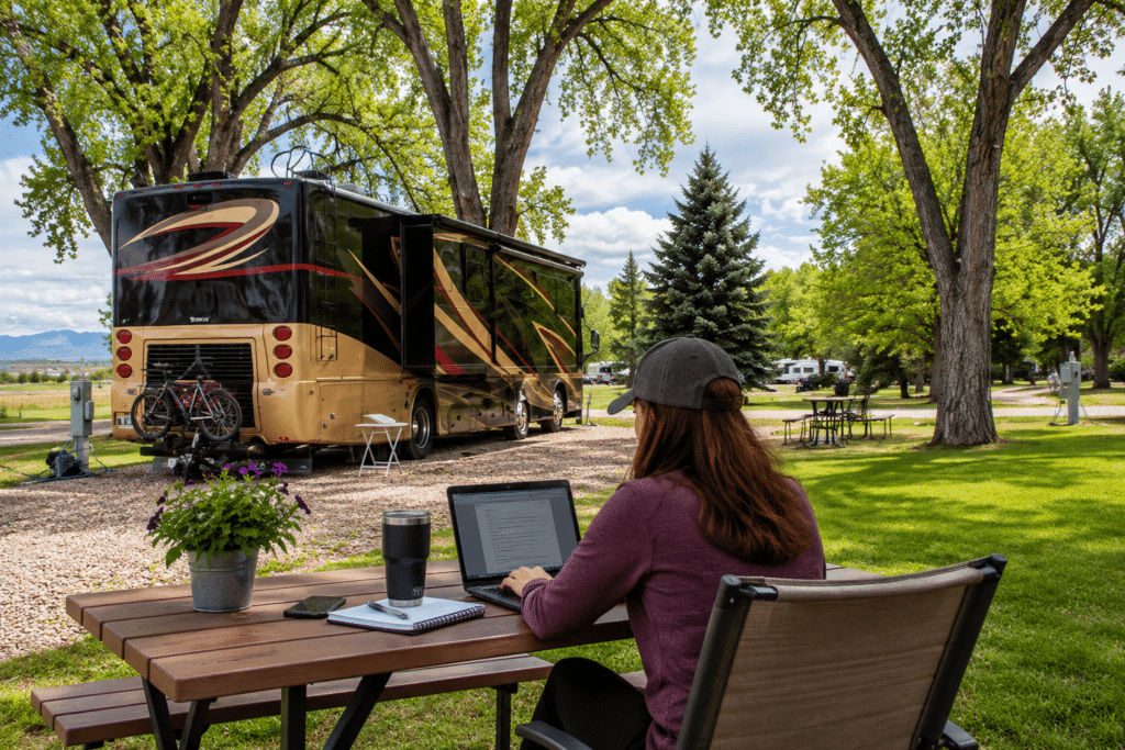 Woman working remotely on a laptop beside a motorhome at a shaded RV campsite in Loveland, Colorado.