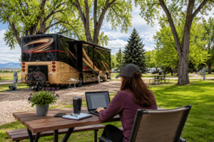 Woman working remotely on a laptop beside a motorhome at a shaded RV campsite in Loveland, Colorado.